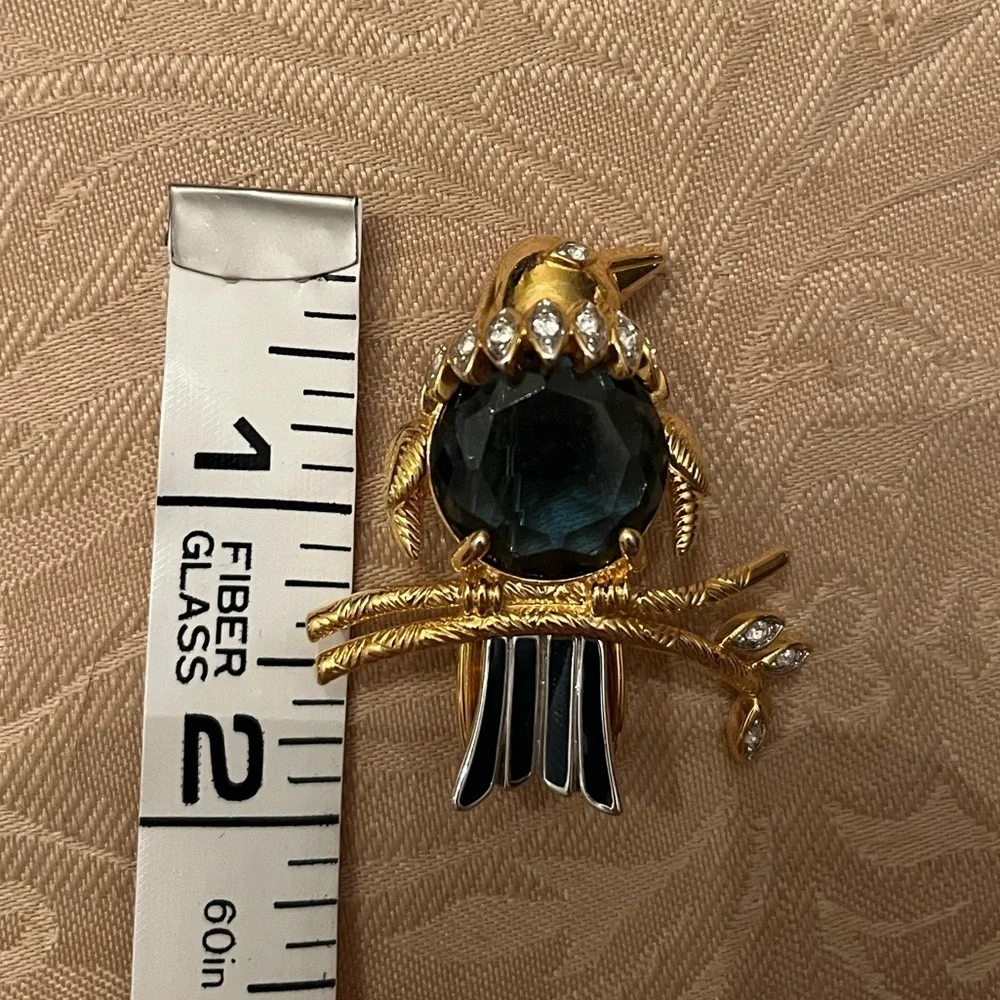 Kenneth Jay Lane (KJL) Elegant Crystal Blue Bird Brooch with Gold Tone Setting